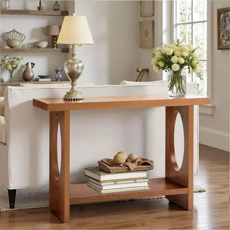 47-Inch Farmhouse Wood Console Tables with Solid Wood Veneer - 2'' Thickened Tabletop, 2-Tier Narrow Sofa Table Behind Couch