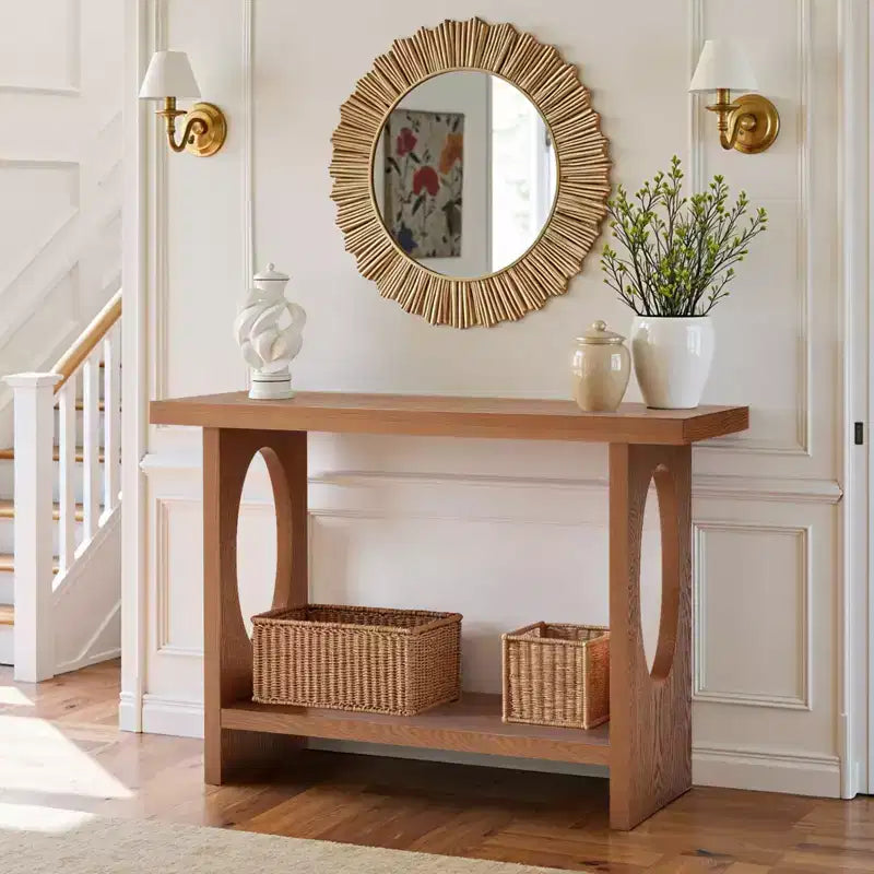 47-Inch Farmhouse Wood Console Tables with Solid Wood Veneer - 2'' Thickened Tabletop, 2-Tier Narrow Sofa Table Behind Couch