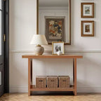 47-Inch Farmhouse Wood Console Tables with Solid Wood Veneer - 2'' Thickened Tabletop, 2-Tier Narrow Sofa Table Behind Couch