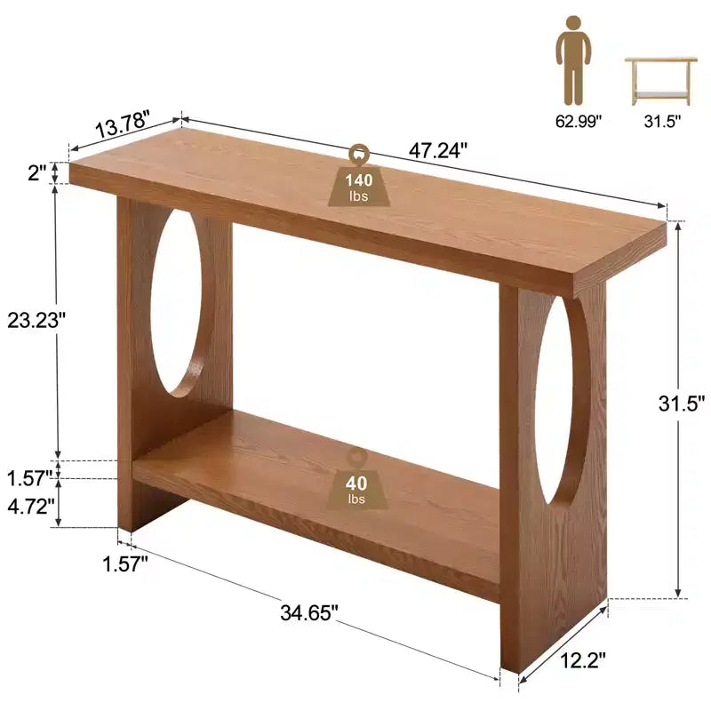 47-Inch Farmhouse Wood Console Tables with Solid Wood Veneer - 2'' Thickened Tabletop, 2-Tier Narrow Sofa Table Behind Couch