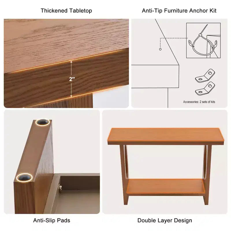 47-Inch Farmhouse Wood Console Tables with Solid Wood Veneer - 2'' Thickened Tabletop, 2-Tier Narrow Sofa Table Behind Couch