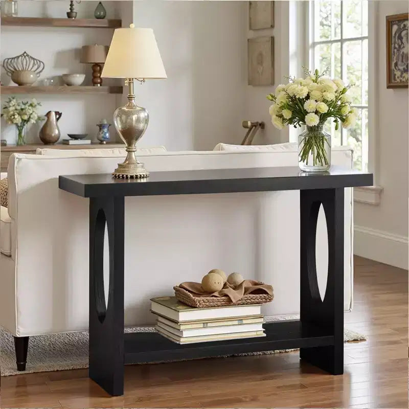 47-Inch Farmhouse Wood Console Tables with Solid Wood Veneer - 2'' Thickened Tabletop, 2-Tier Narrow Sofa Table Behind Couch
