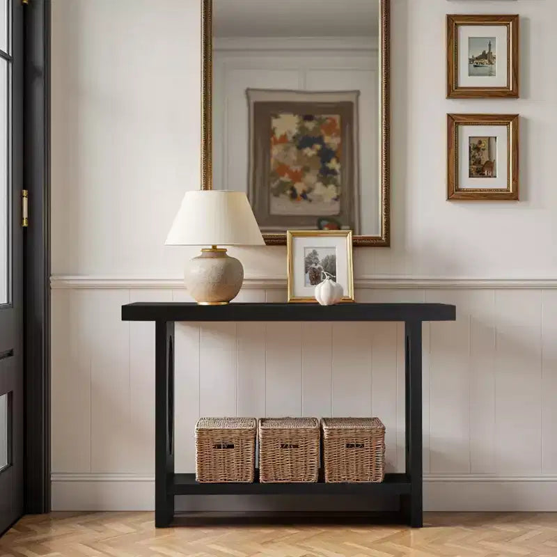 47-Inch Farmhouse Wood Console Tables with Solid Wood Veneer - 2'' Thickened Tabletop, 2-Tier Narrow Sofa Table Behind Couch