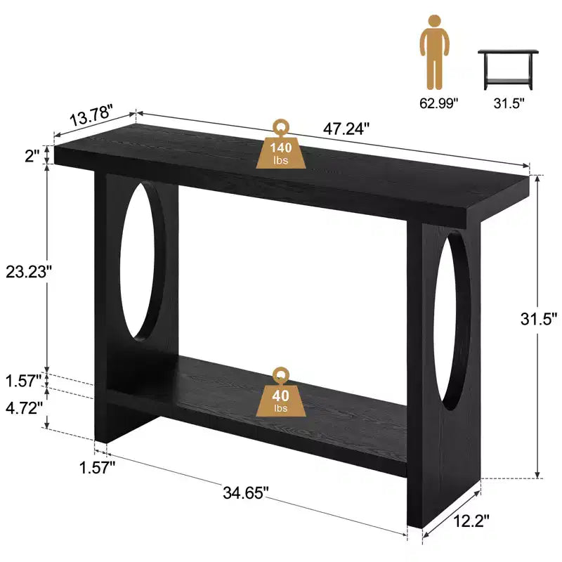 47-Inch Farmhouse Wood Console Tables with Solid Wood Veneer - 2'' Thickened Tabletop, 2-Tier Narrow Sofa Table Behind Couch