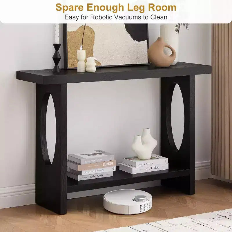 47-Inch Farmhouse Wood Console Tables with Solid Wood Veneer - 2'' Thickened Tabletop, 2-Tier Narrow Sofa Table Behind Couch