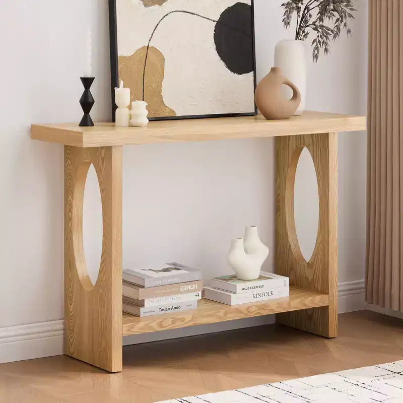 47-Inch Farmhouse Wood Console Tables with Solid Wood Veneer - 2'' Thickened Tabletop, 2-Tier Narrow Sofa Table Behind Couch