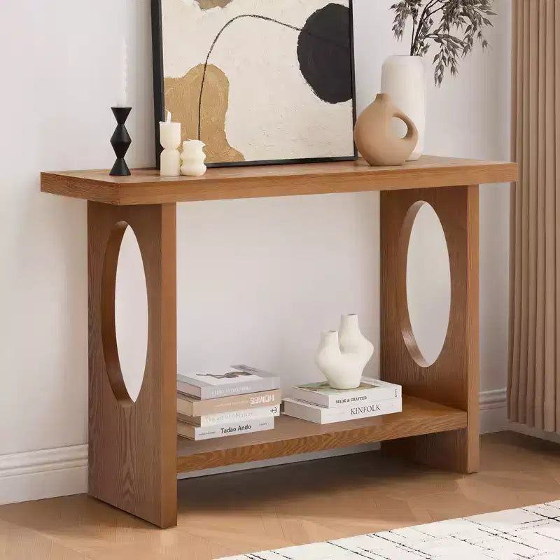 47-Inch Farmhouse Wood Console Tables with Solid Wood Veneer - 2'' Thickened Tabletop, 2-Tier Narrow Sofa Table Behind Couch