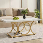 2-Tier Modern Coffee Table, White Faux Marble Top & Gold Metal Legs for Living Room
