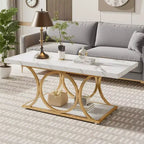 2-Tier Modern Coffee Table, White Faux Marble Top & Gold Metal Legs for Living Room