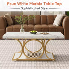 2-Tier Modern Coffee Table, White Faux Marble Top & Gold Metal Legs for Living Room