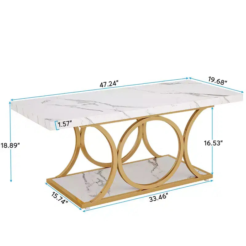 2-Tier Modern Coffee Table, White Faux Marble Top & Gold Metal Legs for Living Room