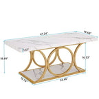 2-Tier Modern Coffee Table, White Faux Marble Top & Gold Metal Legs for Living Room