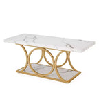 2-Tier Modern Coffee Table, White Faux Marble Top & Gold Metal Legs for Living Room