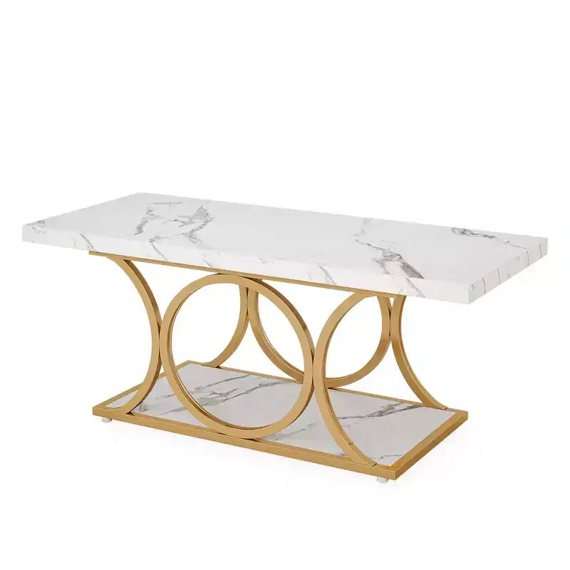 2-Tier Modern Coffee Table, White Faux Marble Top & Gold Metal Legs for Living Room