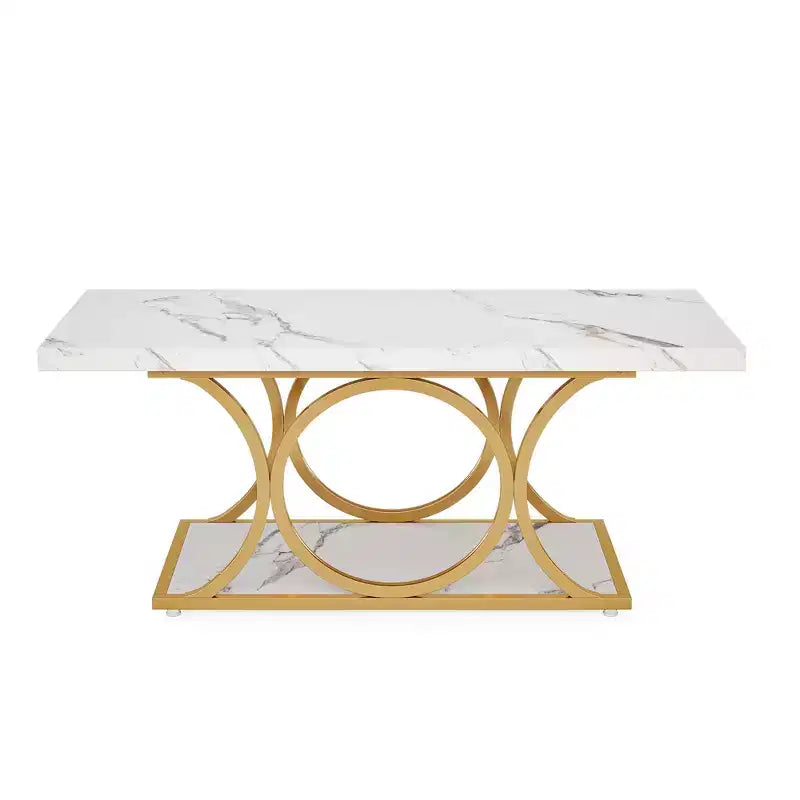 2-Tier Modern Coffee Table, White Faux Marble Top & Gold Metal Legs for Living Room