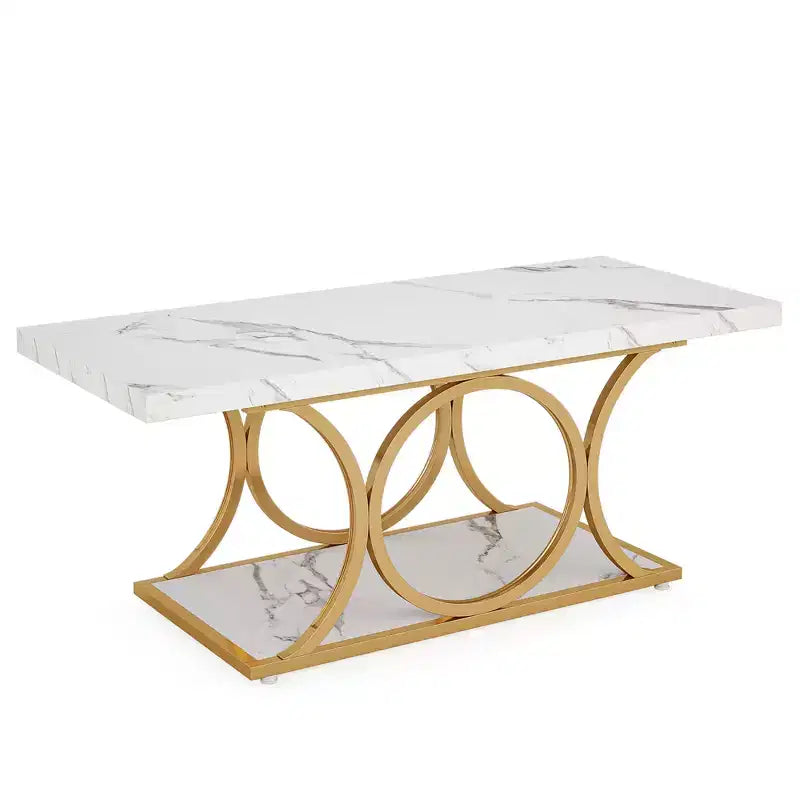 2-Tier Modern Coffee Table, White Faux Marble Top & Gold Metal Legs for Living Room
