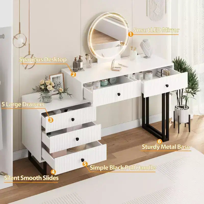 Vanity Desk with Mirror, Makeup Vanity with 5 Drawers, 3 Color LightsAdjustable Brightness