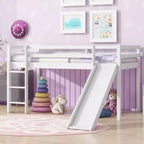 Twin Low Loft Bed with Slide, Ladder, Safety Guardrails White