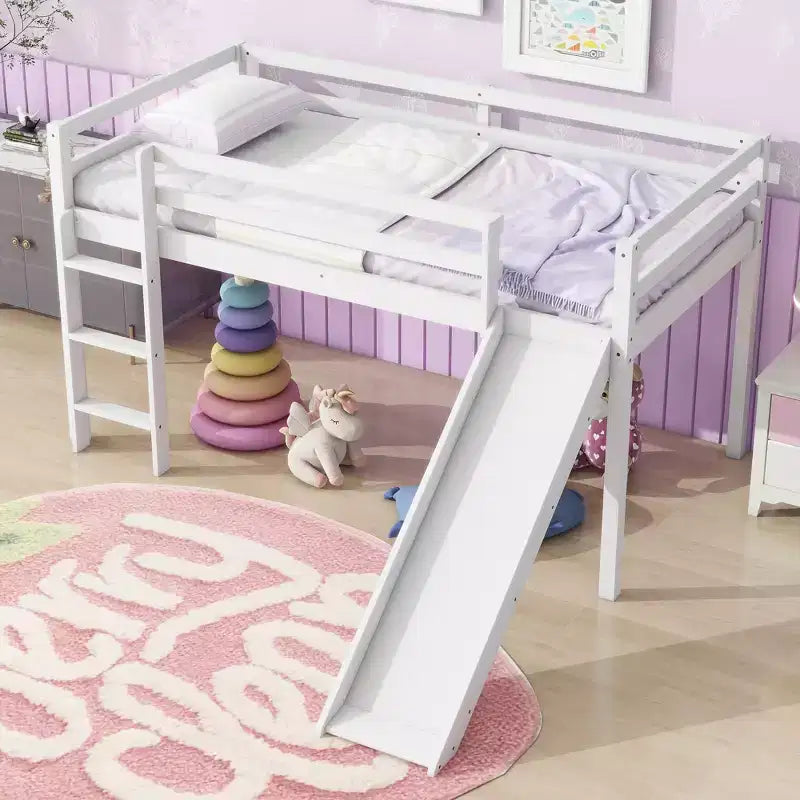 Twin Low Loft Bed with Slide, Ladder, Safety Guardrails White
