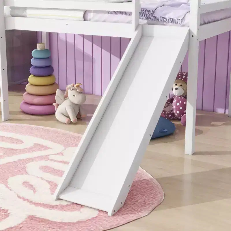 Twin Low Loft Bed with Slide, Ladder, Safety Guardrails White