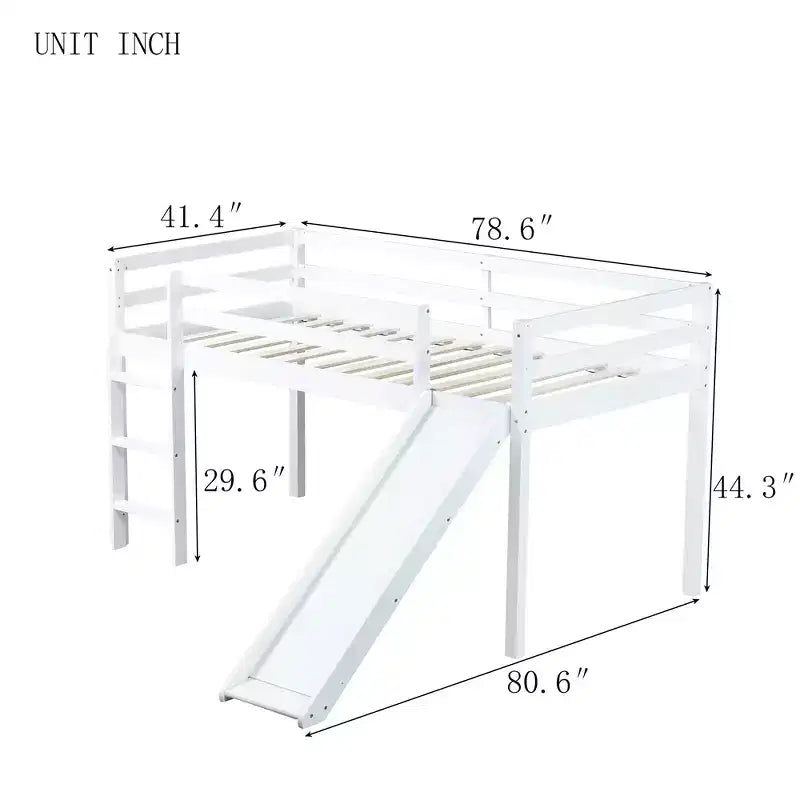 Twin Low Loft Bed with Slide, Ladder, Safety Guardrails White