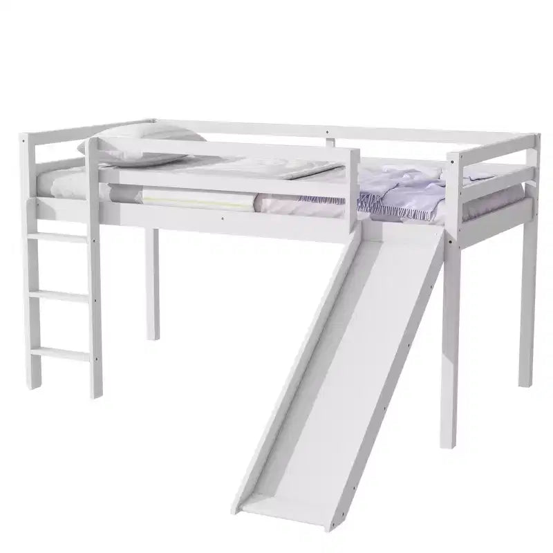 Twin Low Loft Bed with Slide, Ladder, Safety Guardrails White