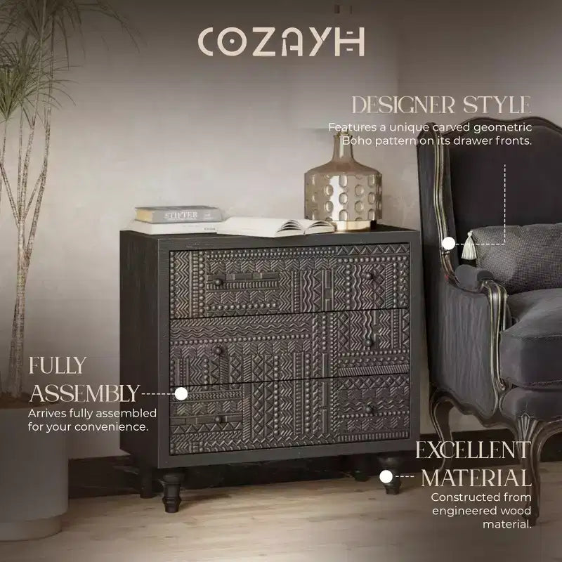 Farmhouse 3 Drawer Home Bedroom Dresser with Geometric Pattern, Black