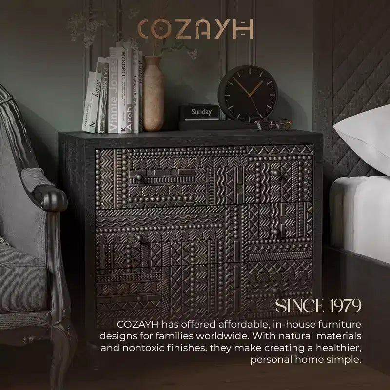 Farmhouse 3 Drawer Home Bedroom Dresser with Geometric Pattern, Black