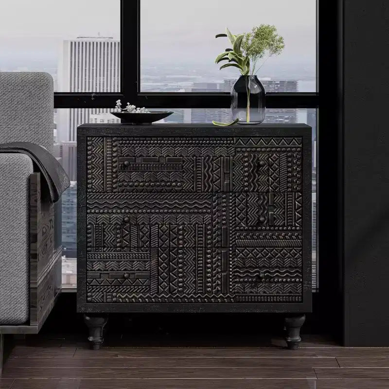 Farmhouse 3 Drawer Home Bedroom Dresser with Geometric Pattern, Black