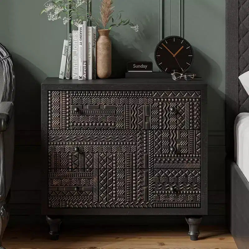 Farmhouse 3 Drawer Home Bedroom Dresser with Geometric Pattern, Black