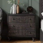 Farmhouse 3 Drawer Home Bedroom Dresser with Geometric Pattern, Black