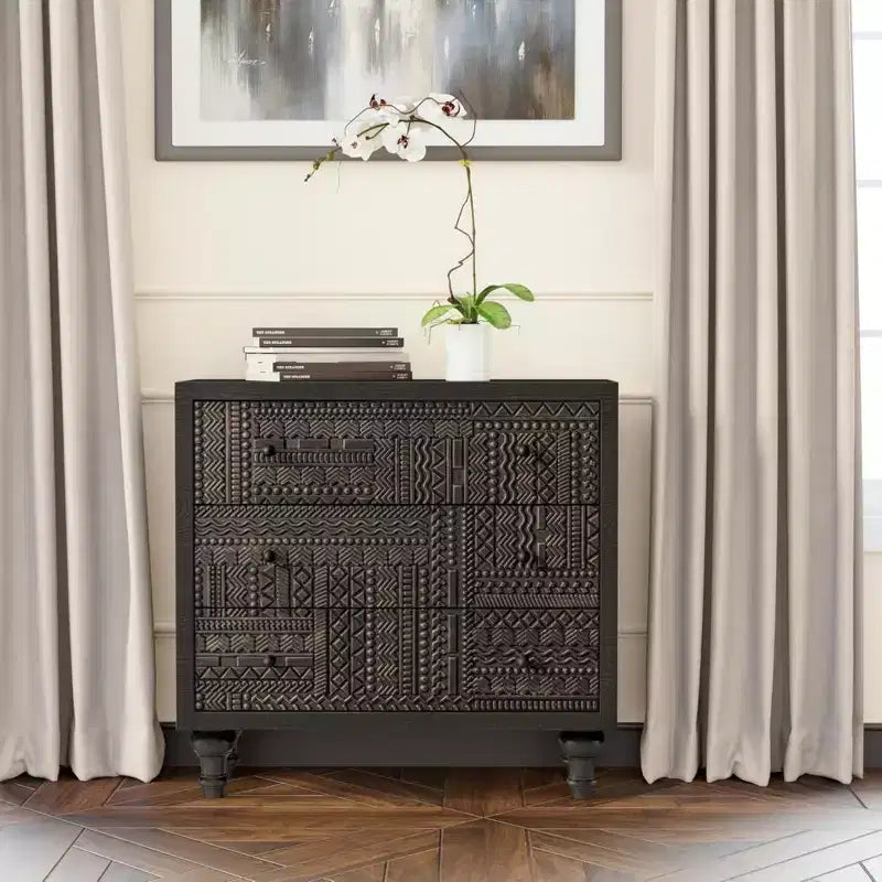 Farmhouse 3 Drawer Home Bedroom Dresser with Geometric Pattern, Black