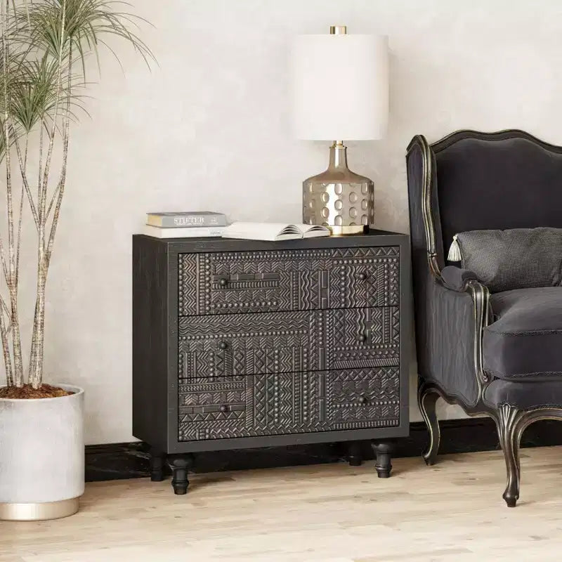 Farmhouse 3 Drawer Home Bedroom Dresser with Geometric Pattern, Black