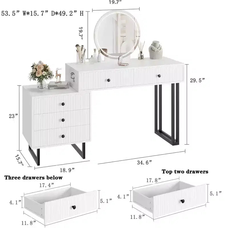 Frisiertisch mit Spiegel und Beleuchtung, Schminktisch mit 5 Schubladen, moderner Organizer mit 3 Farblichtern