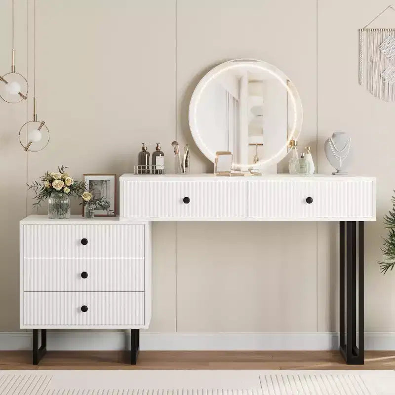 Vanity Desk with Mirror and Lights, Makeup Vanity with 5 Drawers, Modern Vanity Organizer with 3 Color Lights