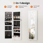 47.2in Wall Mounted Jewelry Armoire Door Hanging Large Capacity with 6 LEDs Lockable Organizer Cabinet Built In Mirror