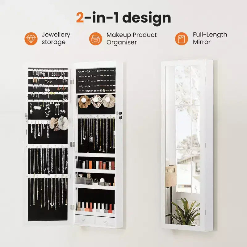 47.2in Wall Mounted Jewelry Armoire Door Hanging Large Capacity with 6 LEDs Lockable Organizer Cabinet Built In Mirror