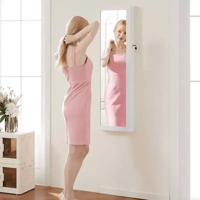 47.2in Wall Mounted Jewelry Armoire Door Hanging Large Capacity with 6 LEDs Lockable Organizer Cabinet Built In Mirror