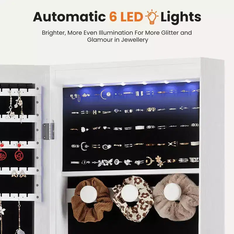 47.2in Wall Mounted Jewelry Armoire Door Hanging Large Capacity with 6 LEDs Lockable Organizer Cabinet Built In Mirror