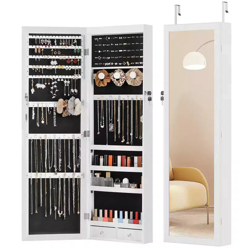 47.2in Wall Mounted Jewelry Armoire Door Hanging Large Capacity with 6 LEDs Lockable Organizer Cabinet Built In Mirror