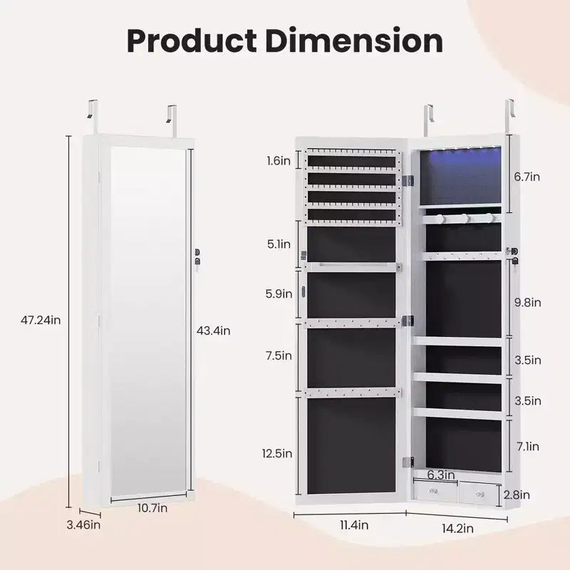 47.2in Wall Mounted Jewelry Armoire Door Hanging Large Capacity with 6 LEDs Lockable Organizer Cabinet Built In Mirror
