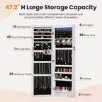 47.2in Wall Mounted Jewelry Armoire Door Hanging Large Capacity with 6 LEDs Lockable Organizer Cabinet Built In Mirror