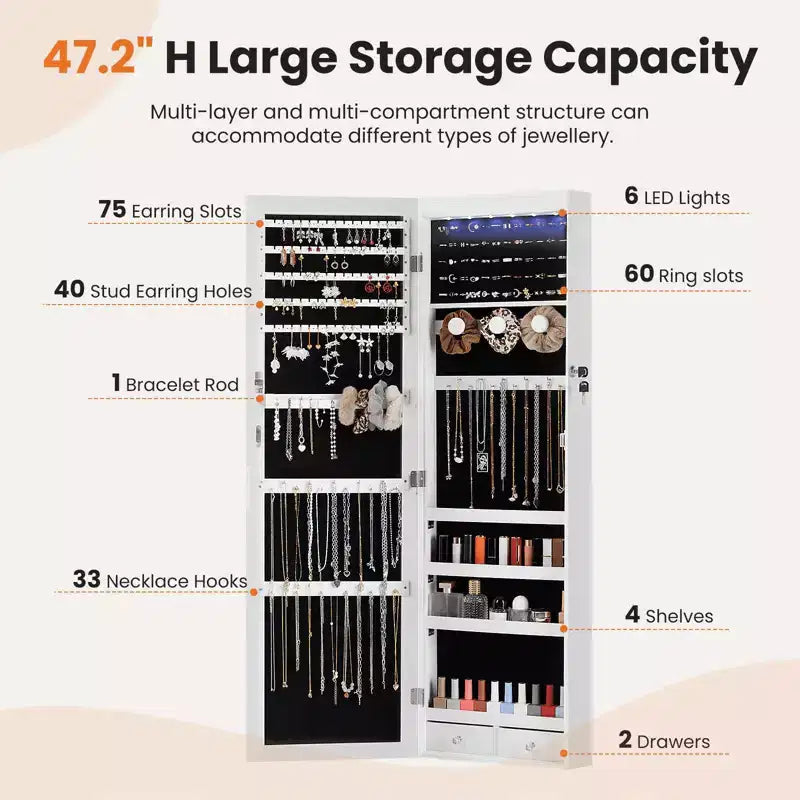 47.2in Wall Mounted Jewelry Armoire Door Hanging Large Capacity with 6 LEDs Lockable Organizer Cabinet Built In Mirror