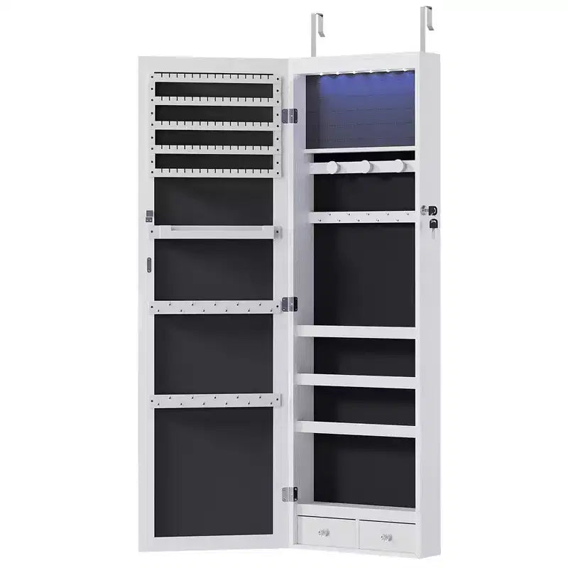47.2in Wall Mounted Jewelry Armoire Door Hanging Large Capacity with 6 LEDs Lockable Organizer Cabinet Built In Mirror