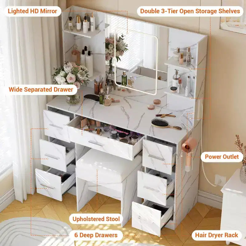 Vanity Desk with Mirror, Led Lights, Power Outlet and Stool, Makeup Vanity Table with 7 Drawers, Dressing Table