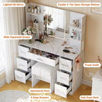 Vanity Desk with Mirror, Led Lights, Power Outlet and Stool, Makeup Vanity Table with 7 Drawers, Dressing Table
