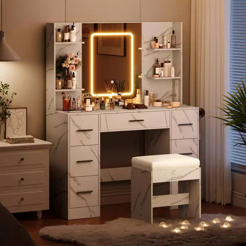 Vanity Desk with Mirror, Led Lights, Power Outlet and Stool, Makeup Vanity Table with 7 Drawers, Dressing Table