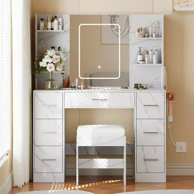 Vanity Desk with Mirror, Led Lights, Power Outlet and Stool, Makeup Vanity Table with 7 Drawers, Dressing Table