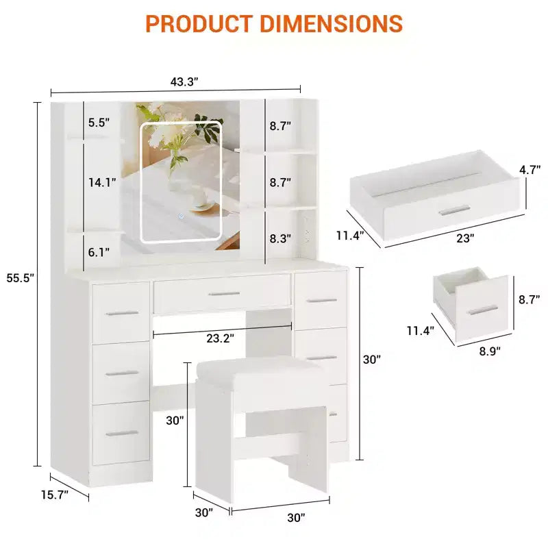 Vanity Desk with Mirror, Led Lights, Power Outlet and Stool, Makeup Vanity Table with 7 Drawers, Dressing Table