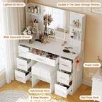 Vanity Desk with Mirror, Led Lights, Power Outlet and Stool, Makeup Vanity Table with 7 Drawers, Dressing Table